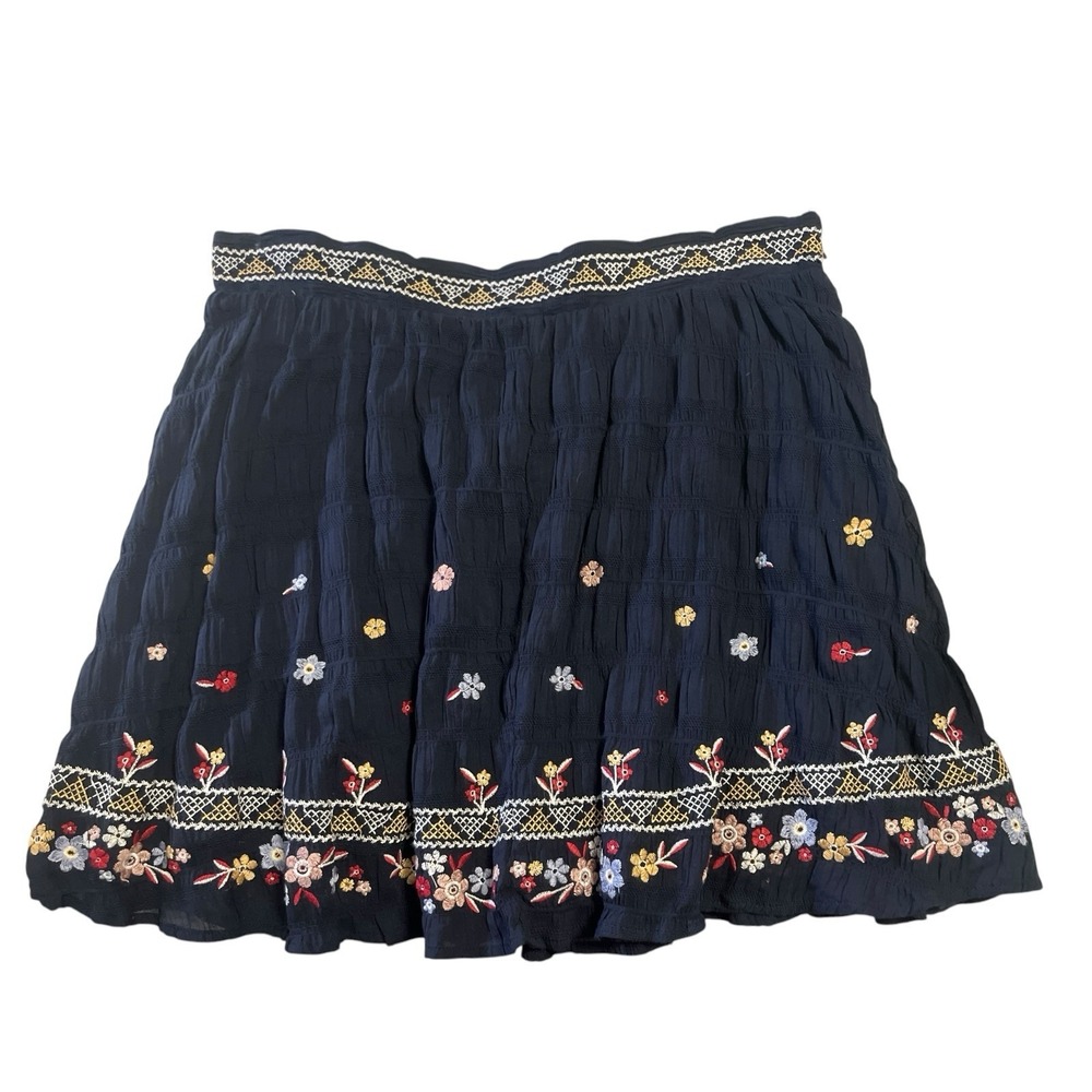 NWT Blue Rain Folk Embroidery Navy Blue Mini Peasant Lined Skirt L Festival Boho